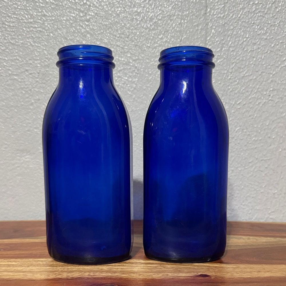 Set of Two Vintage Unmarked Cobalt Blue Glass Milk Bottle 6" No Lid Farmhouse